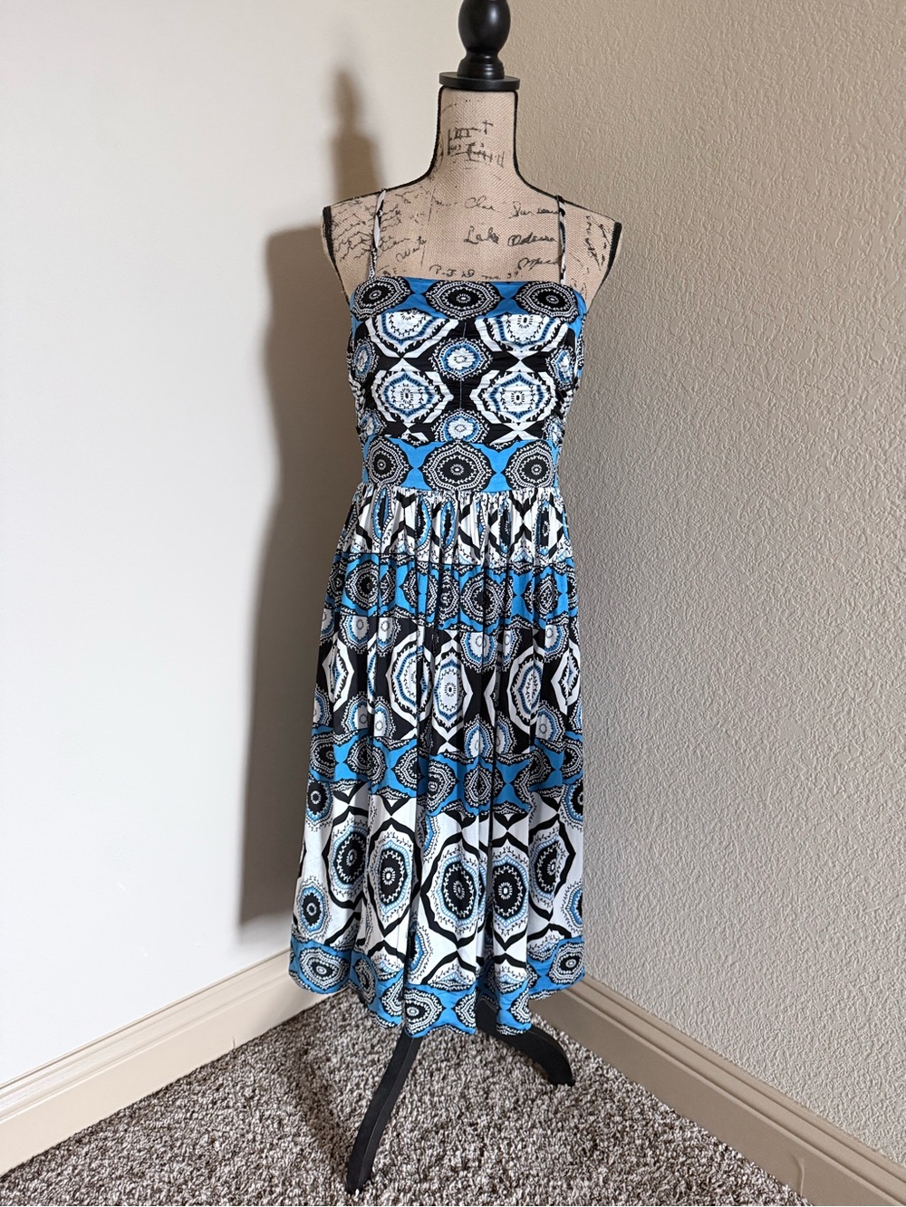 White House Black Market Blue, Black & White Geometric Midi Dress